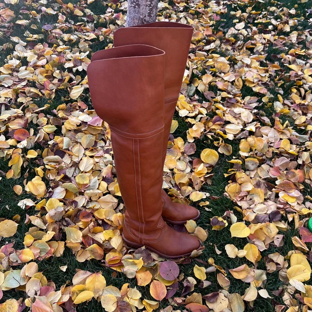 Re/Done‎ Brown Leather Thigh-High Boots Western